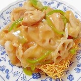 鶏ももとれんこんときゃべつとピーマンで　皿うどん